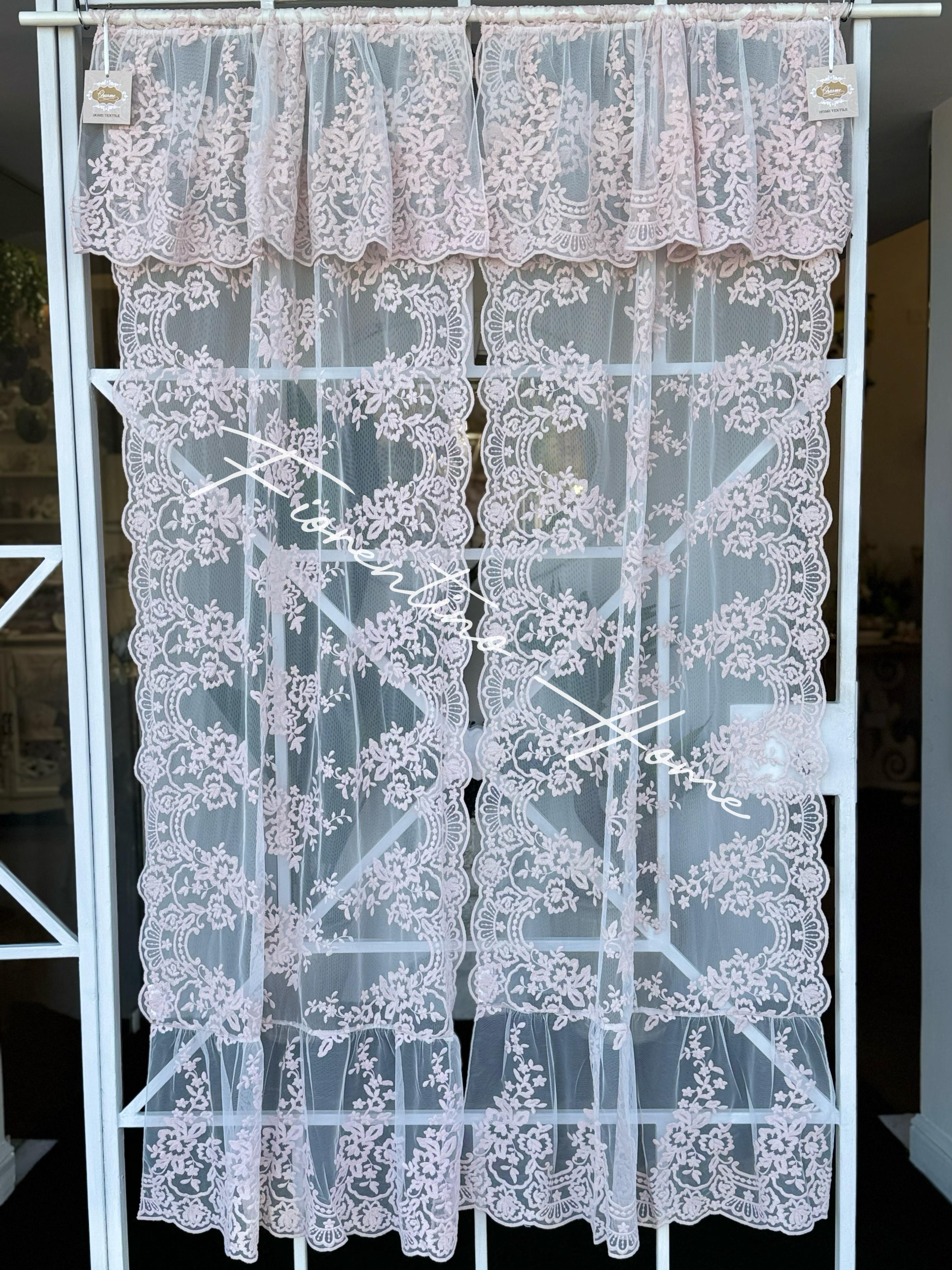 Vetrage in pizzo Royal con mantovana rosa - 60x155 cm  - Charme Home Textile